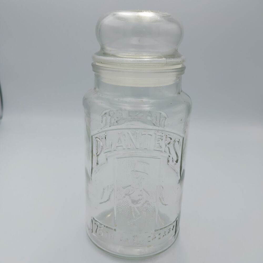 Vtg Planters Peanuts 8"‎ Glass Jar 75th Anniversary Mr. Peanut. 1906-1981